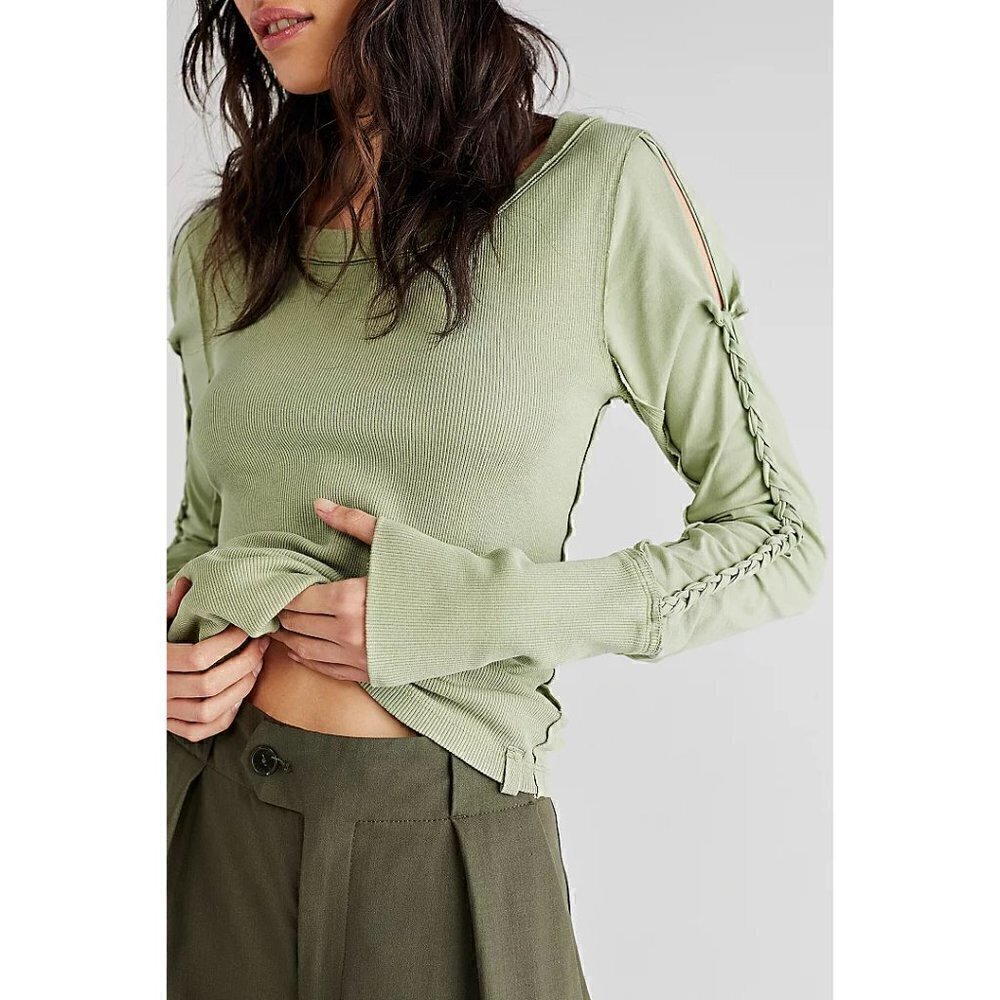 FREE PEOPLE Daisy Chain Cuff Top Tee T-shirt / Green Tea Leaves NEW! XS